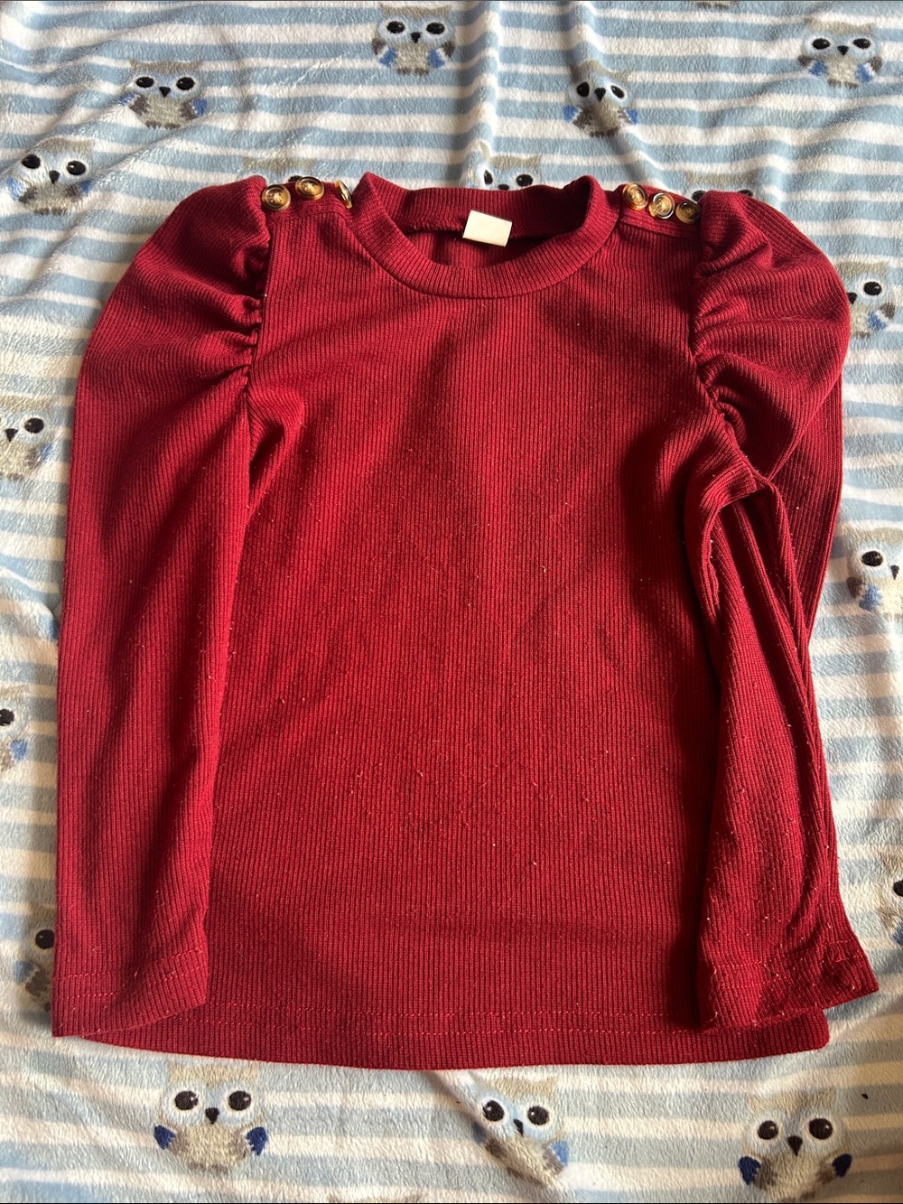 Red Ribbed Puff-Sleeve Sweater with Gold Shoulder Buttons